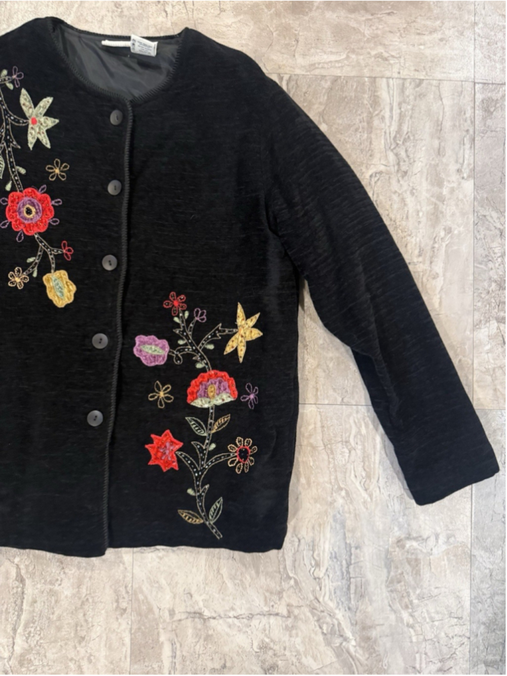 VTG White Stag Black Chenille Embroidered Floral beaded Jacket Whimsy Fall Sz M